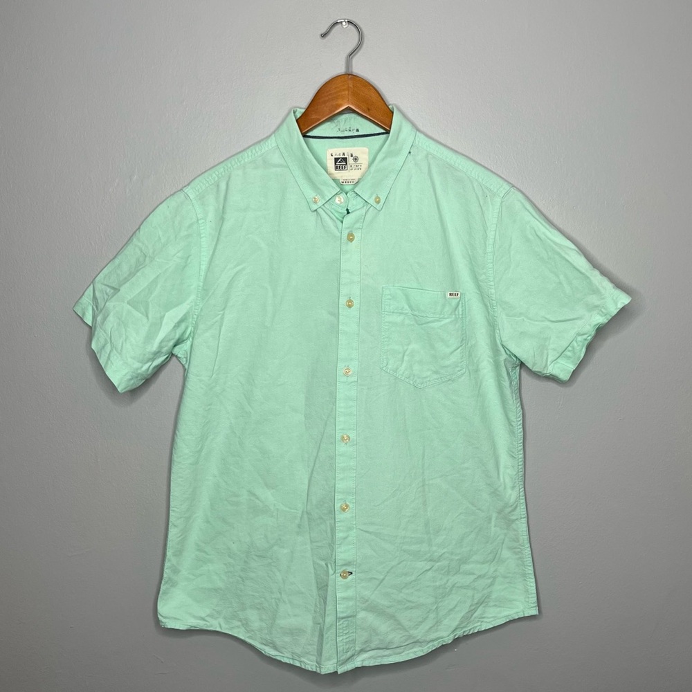 Reef Mens Preppy Pastel Green Short Sleeve Casual Beachy Button Down CC